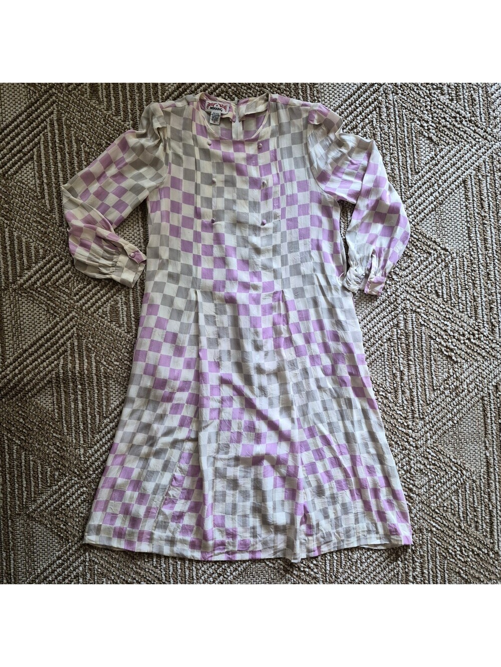 VTG 80s 90s Mihang 100% Silk Checkerboard Plaid Pleated Dress M
